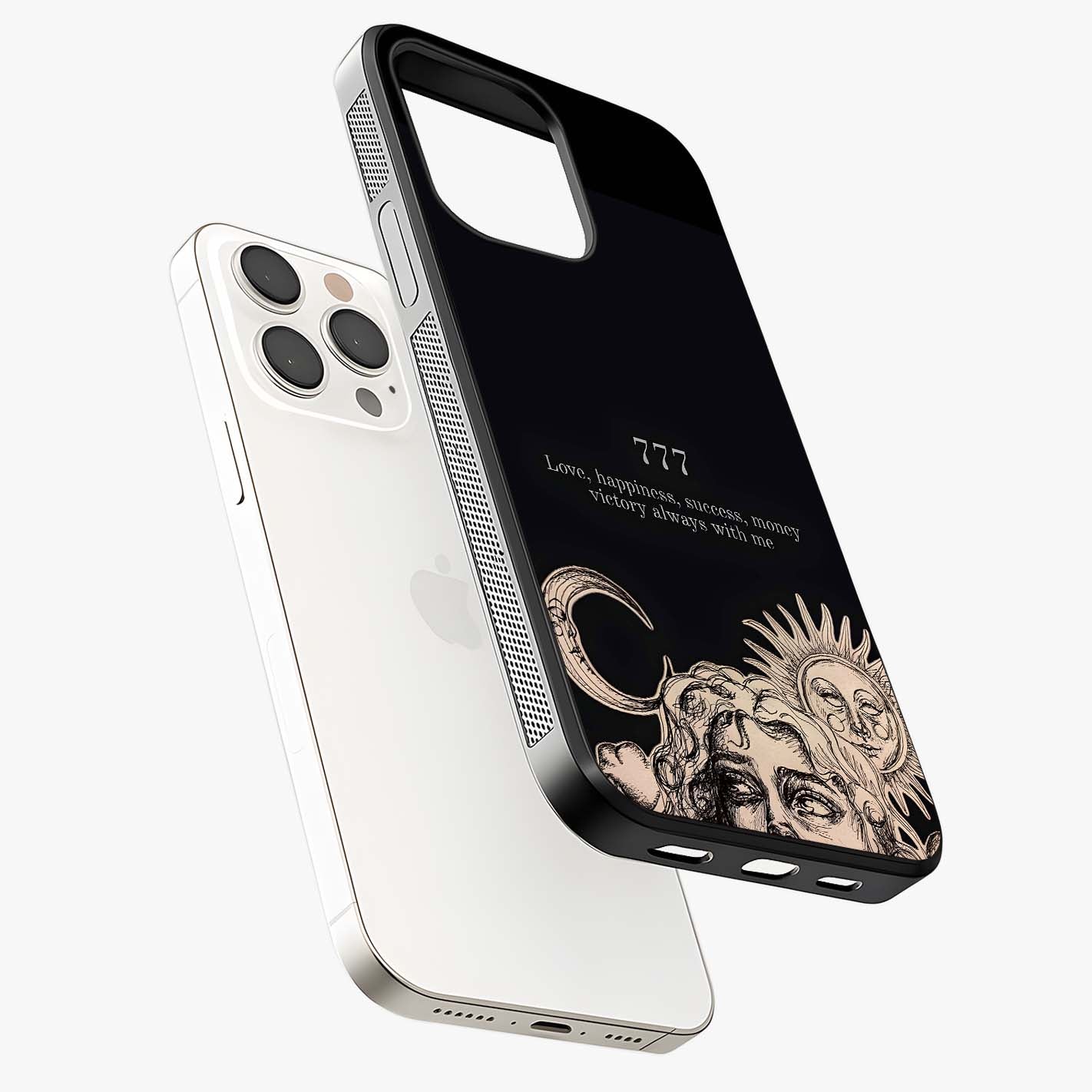 Mystic Victory Aura Glass Case laid diagonally highlighting side profile, edges and glossy glass shine.