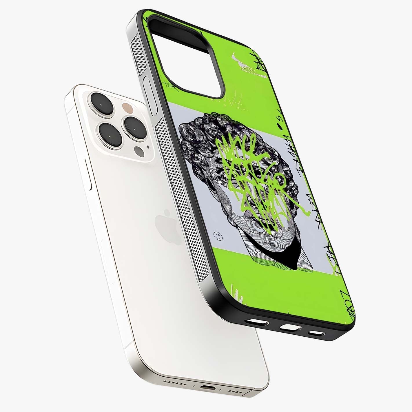 Neo Graffiti Rebellion Glass Case laid diagonally highlighting side profile, edges and glossy glass shine.