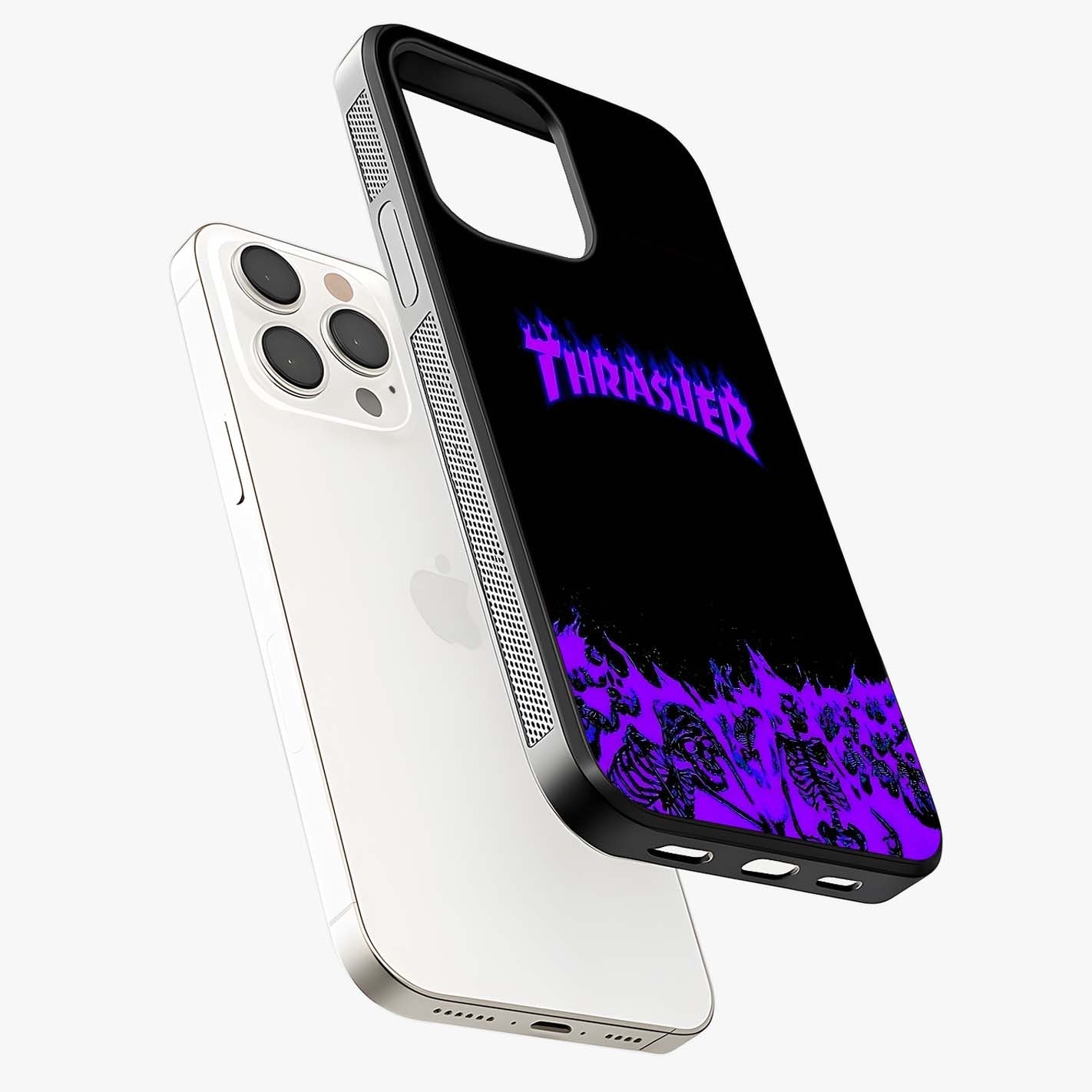 Neon Flame Riot Glass Case laid diagonally highlighting side profile, edges and glossy glass shine.