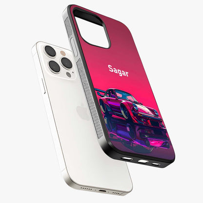 Neon Pink Porsche Glass Case laid diagonally highlighting side profile, edges and glossy glass shine.