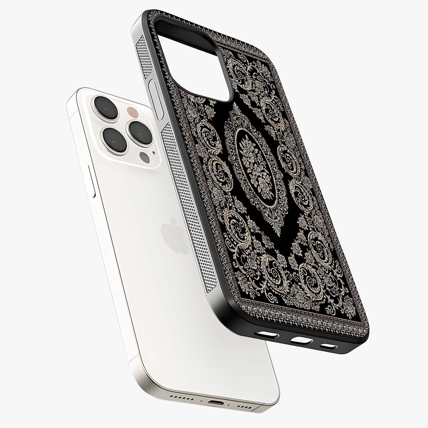 Noir Bloom Elegance Glass Case laid diagonally highlighting side profile, edges and glossy glass shine.