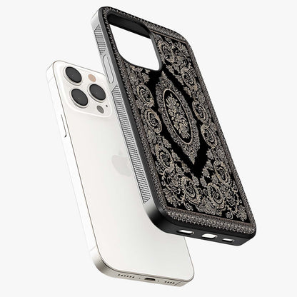 Noir Bloom Elegance Glass Case laid diagonally highlighting side profile, edges and glossy glass shine.