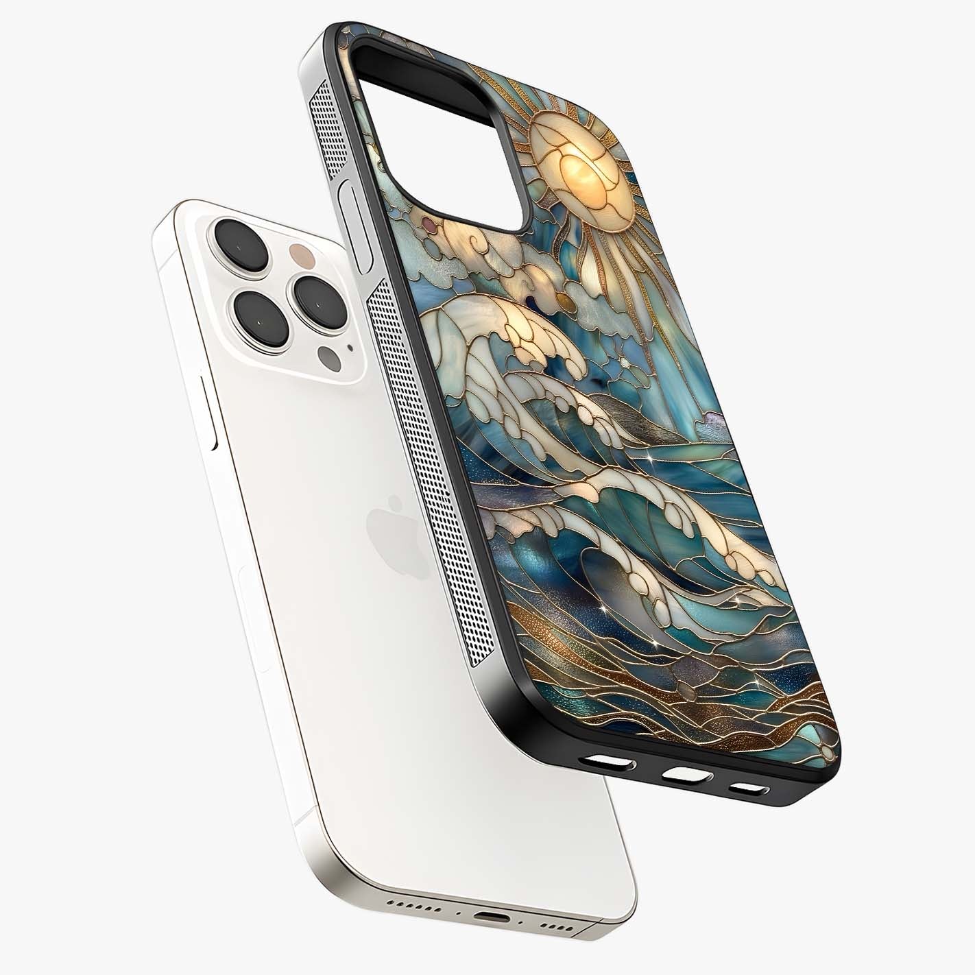 Oceanic Stained Printed Glass Case laid diagonally highlighting side profile, edges and glossy glass shine.