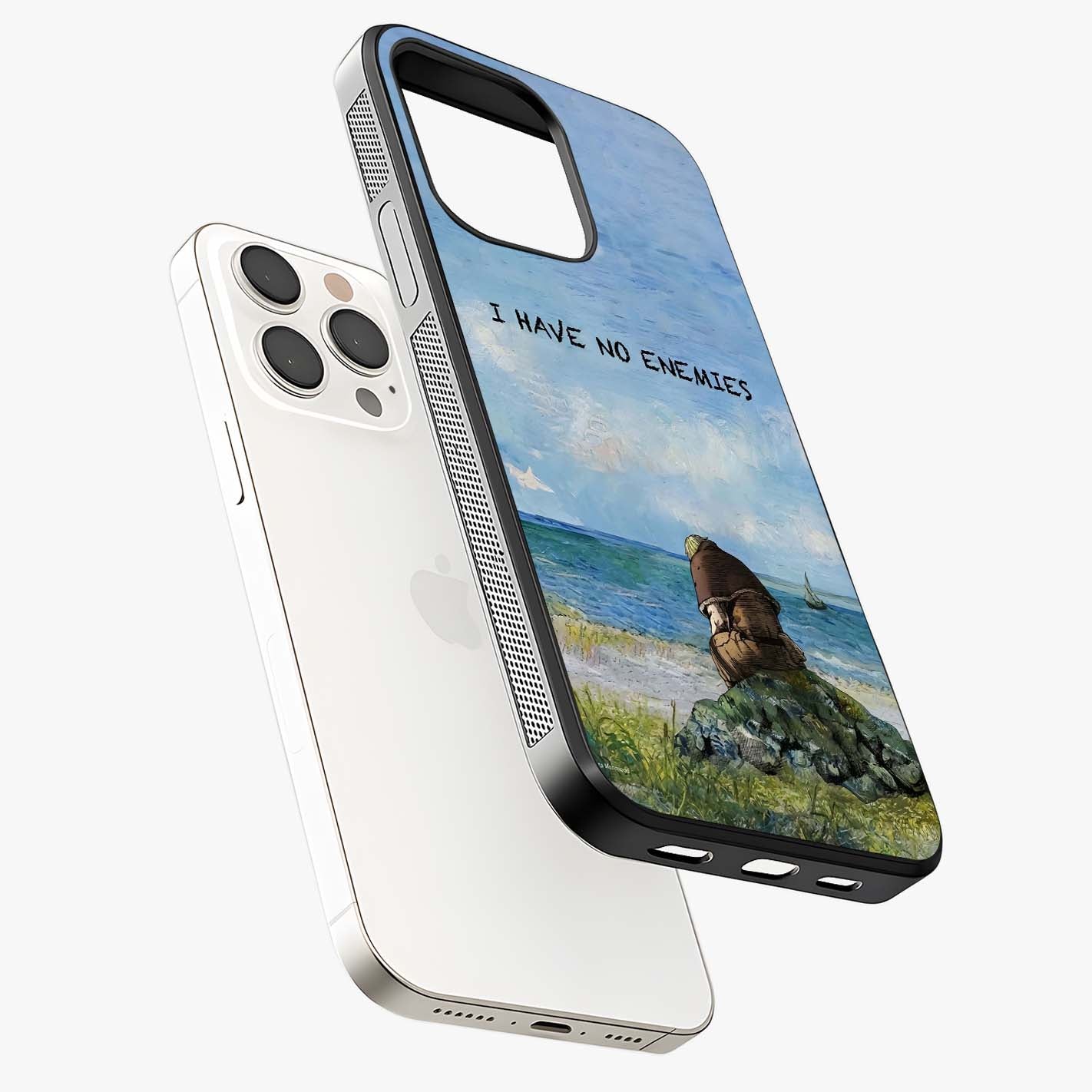 Peace Beyond War Glass Case laid diagonally highlighting side profile, edges and glossy glass shine.