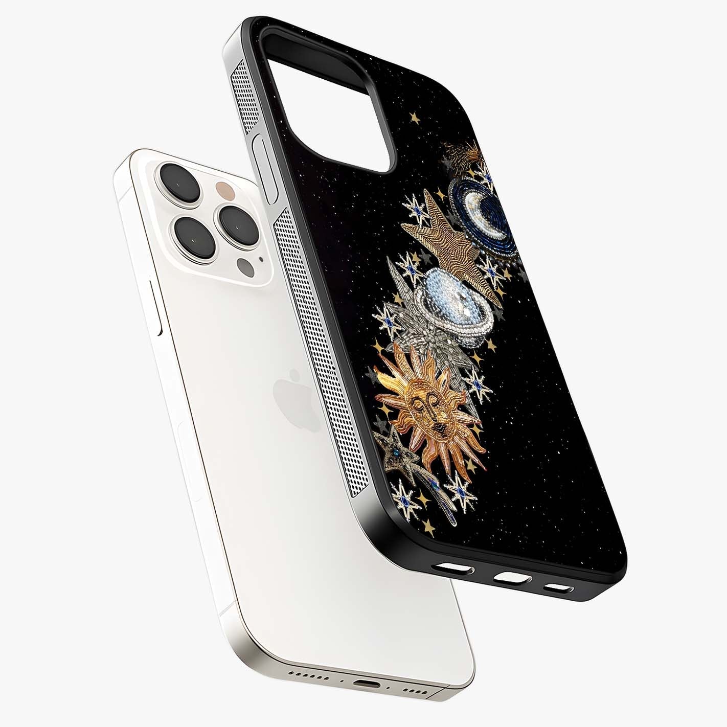 Pearls Universe Object Glass Case laid diagonally highlighting side profile, edges and glossy glass shine.