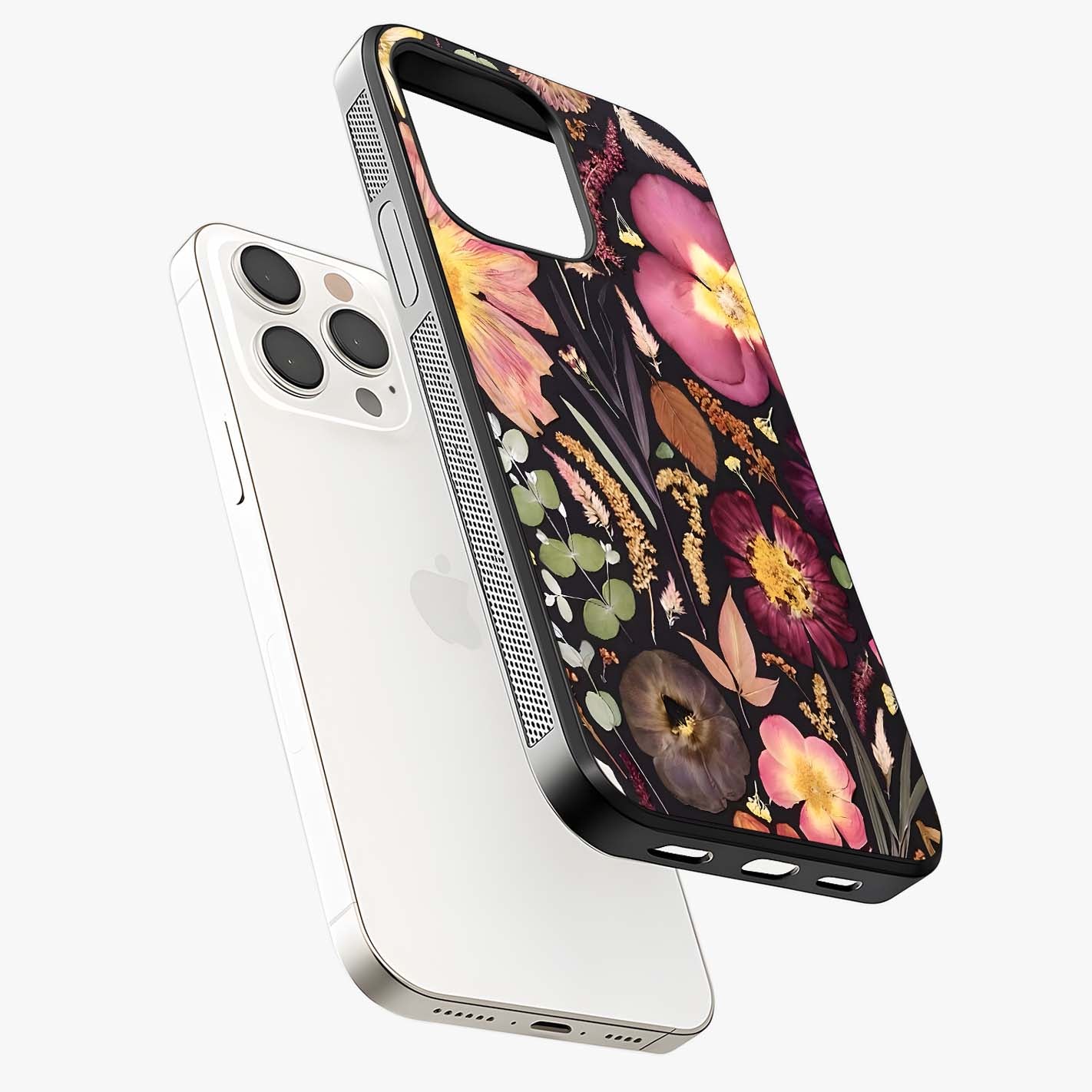 Petal Dream Tapestry Glass Case laid diagonally highlighting side profile, edges and glossy glass shine.