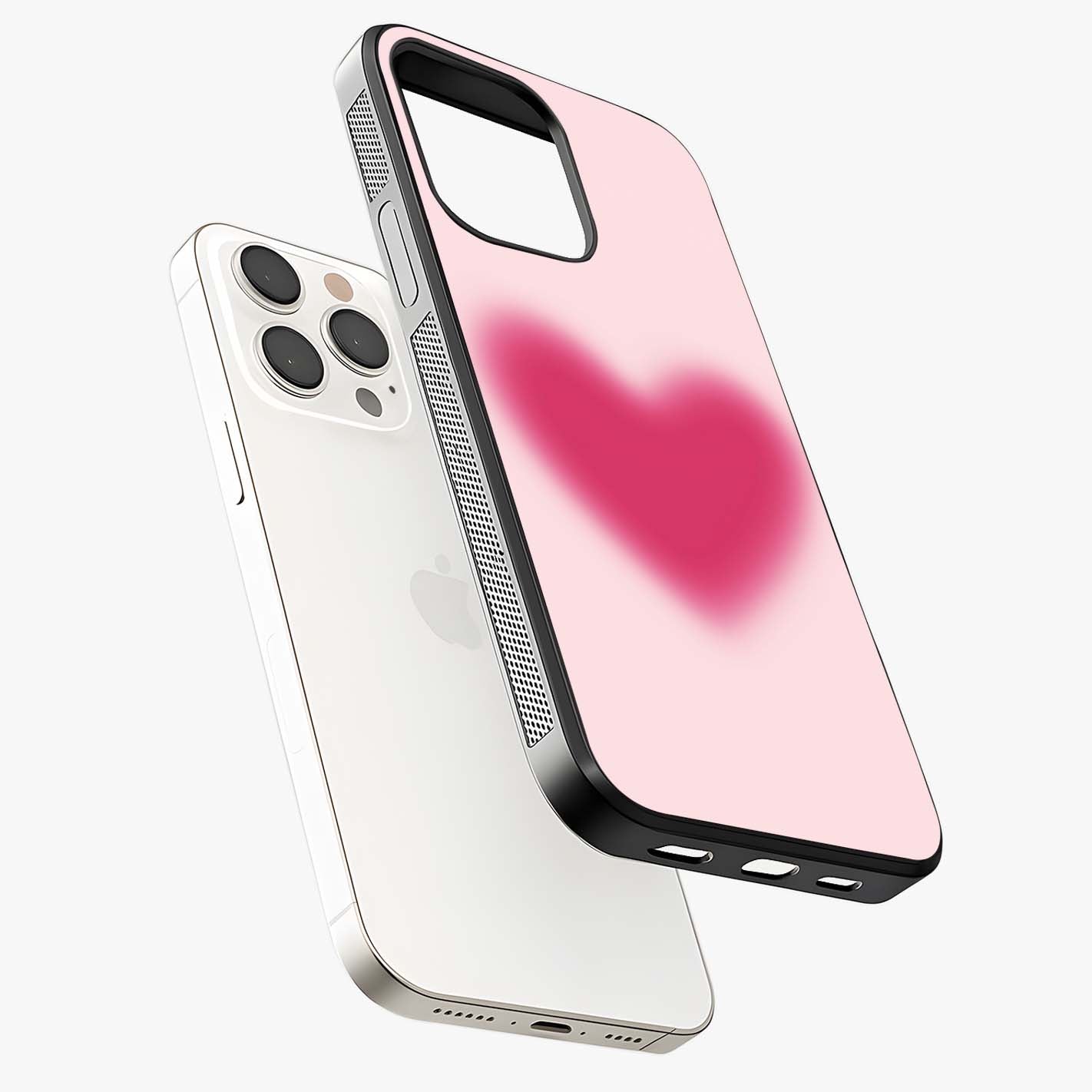 Pink Aura Heart Glass Case laid diagonally highlighting side profile, edges and glossy glass shine.