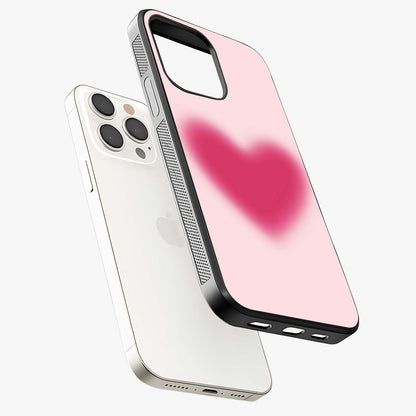 Pink Aura Heart Glass Case laid diagonally highlighting side profile, edges and glossy glass shine.