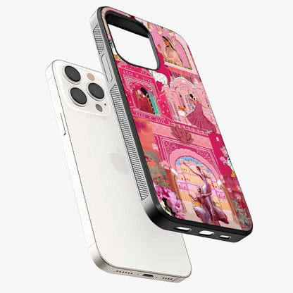 Pink Palace Muse Glass Case laid diagonally highlighting side profile, edges and glossy glass shine.
