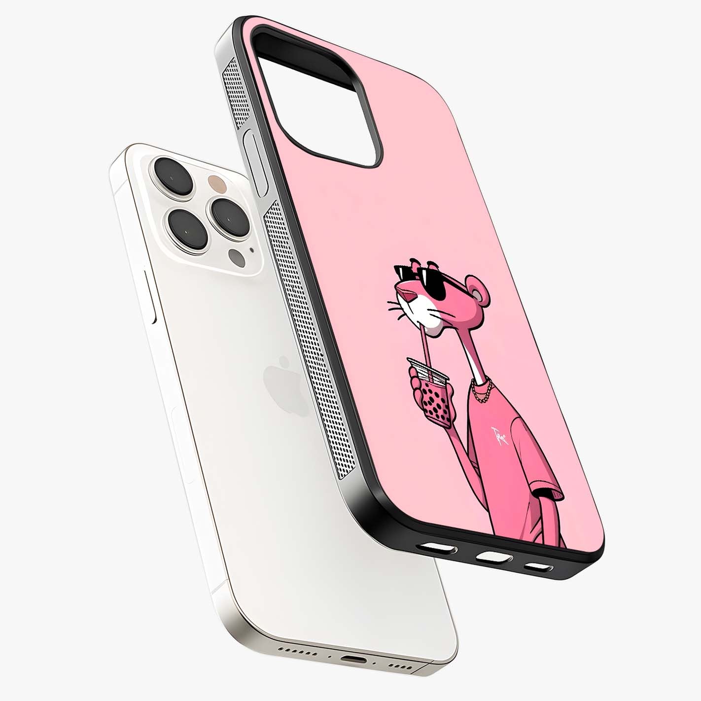 Pink Panther Glass Case laid diagonally highlighting side profile, edges and glossy glass shine.