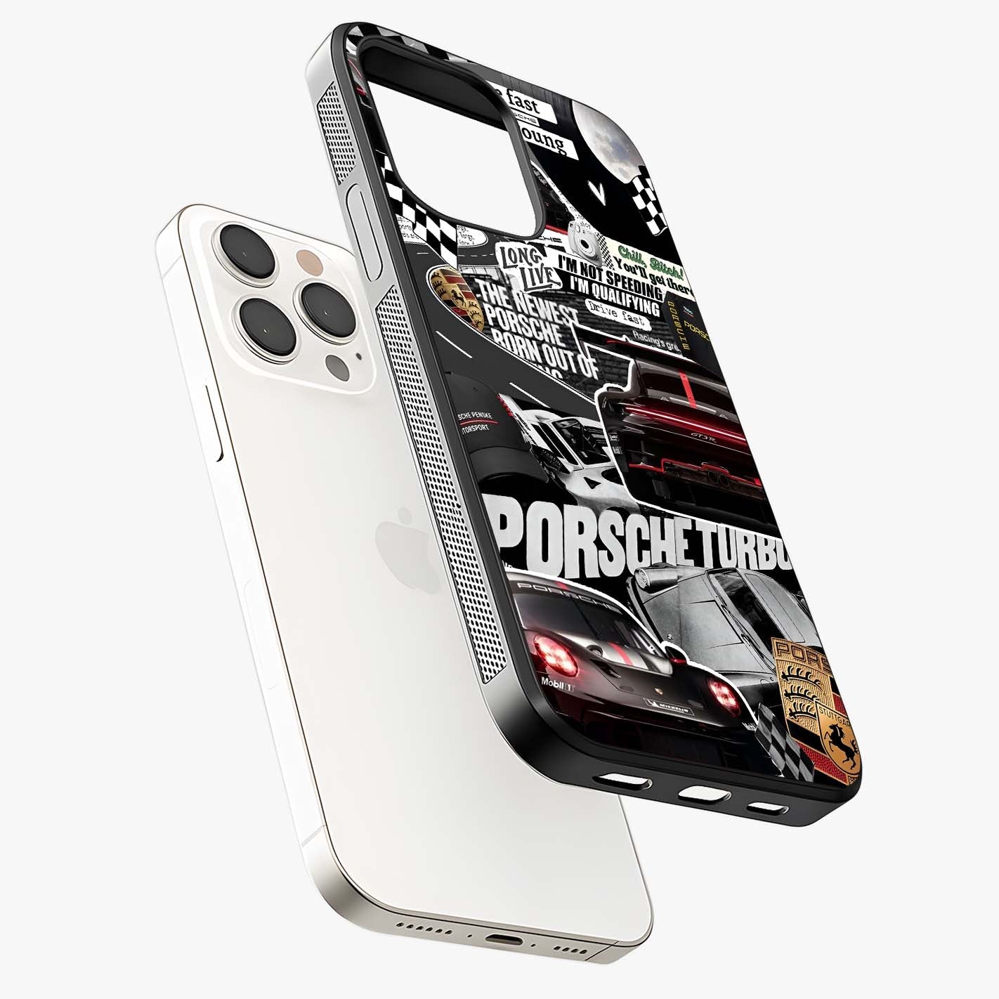 Porsche Racing Collage Glass Case laid diagonally highlighting side profile, edges and glossy glass shine.