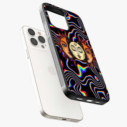 Psychedelic Sun Glass Case laid diagonally highlighting side profile, edges and glossy glass shine.