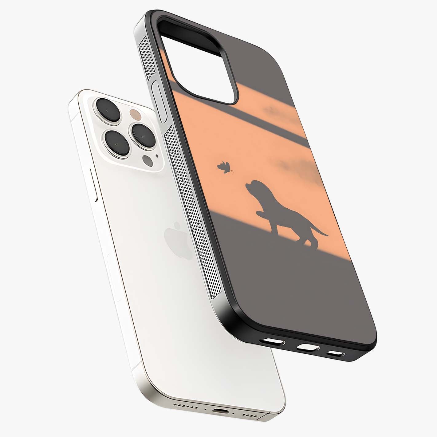 Puppy Shadow Art Glass Case laid diagonally highlighting side profile, edges and glossy glass shine.