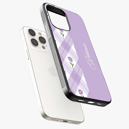 Purple Diamond Floral Glass Case laid diagonally highlighting side profile, edges and glossy glass shine.