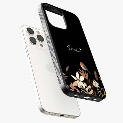 Quiet Garden Tune Custom Name Glass Case laid diagonally highlighting side profile, edges and glossy glass shine.