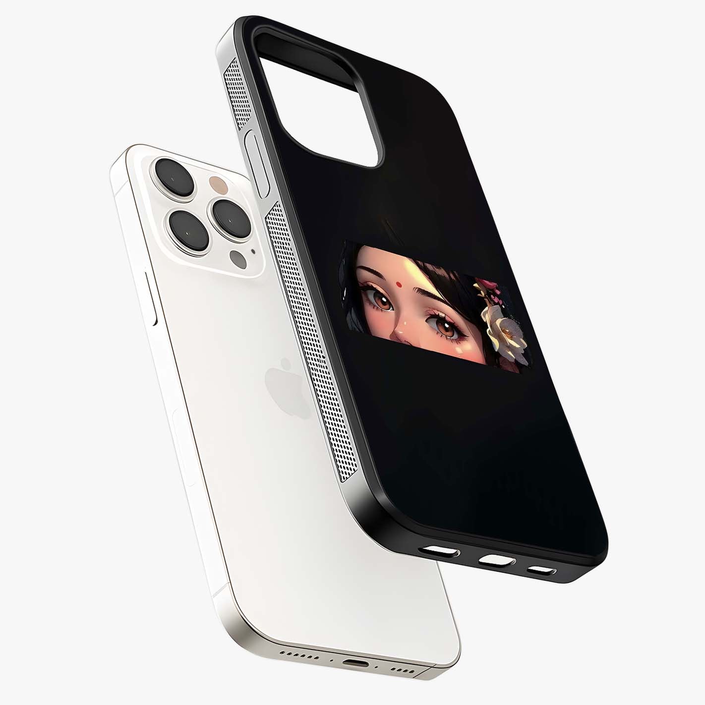 Radha Divine Embrace Glass Case laid diagonally highlighting side profile, edges and glossy glass shine.