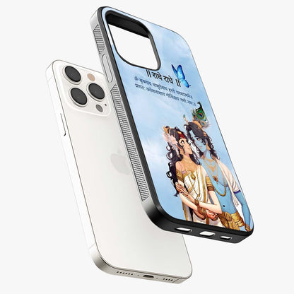 Radha Krishna Eternal Glass Case laid diagonally highlighting side profile, edges and glossy glass shine.