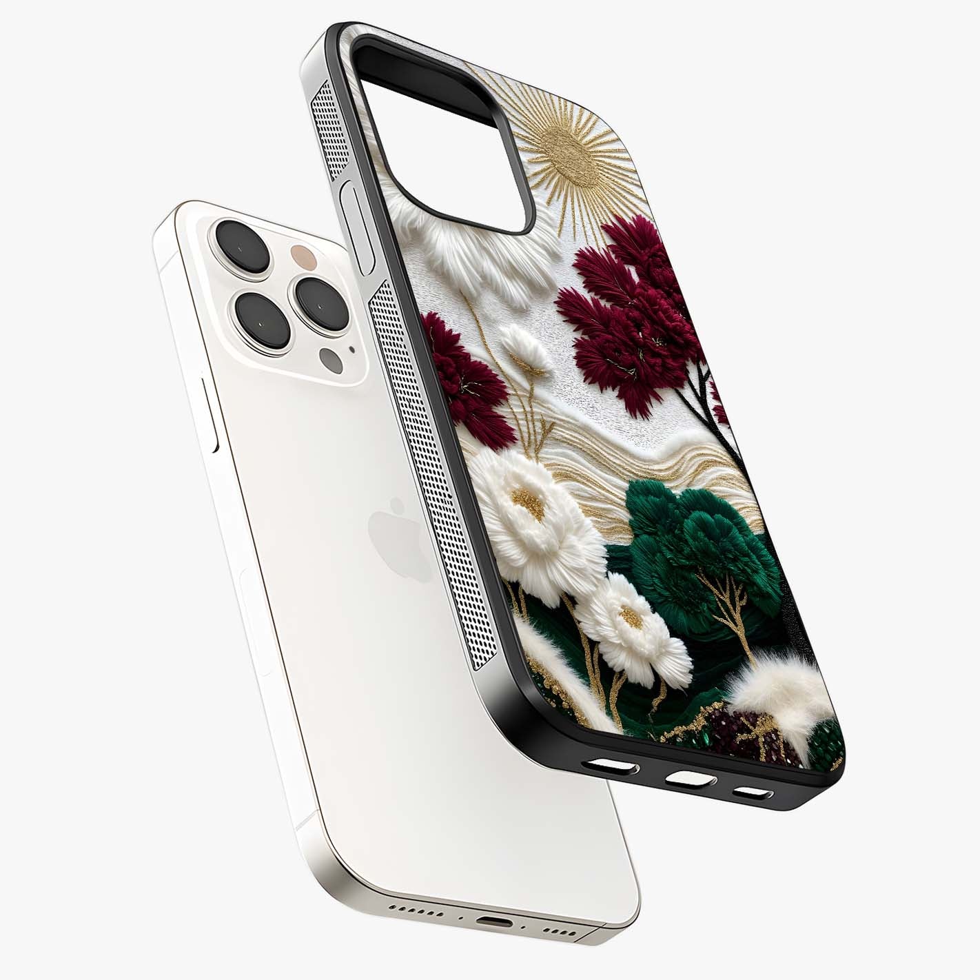 Radiant Bloom Elegance Glass Case laid diagonally highlighting side profile, edges and glossy glass shine.