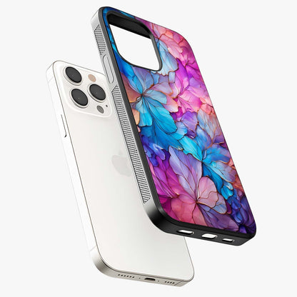Radiant Floral Whirl Glass Case laid diagonally highlighting side profile, edges and glossy glass shine.