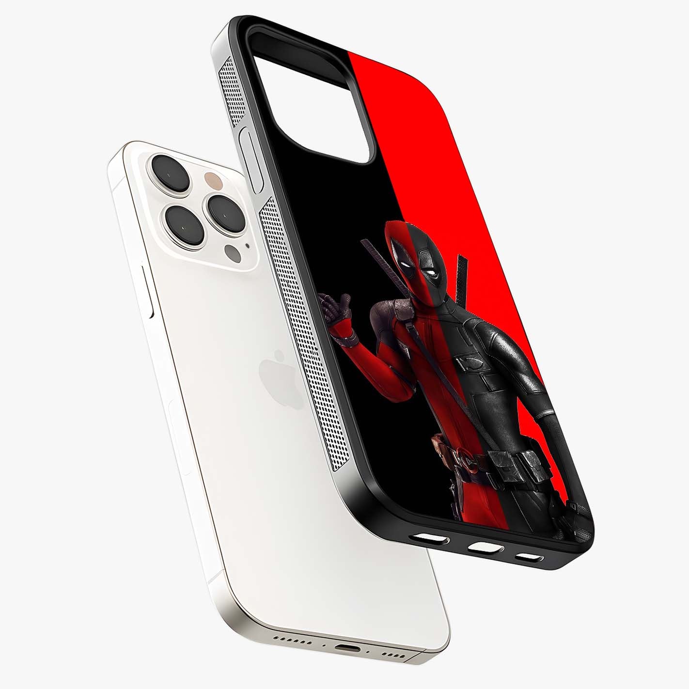 Red & Black Deadpool Theme Glass Case laid diagonally highlighting side profile, edges and glossy glass shine.