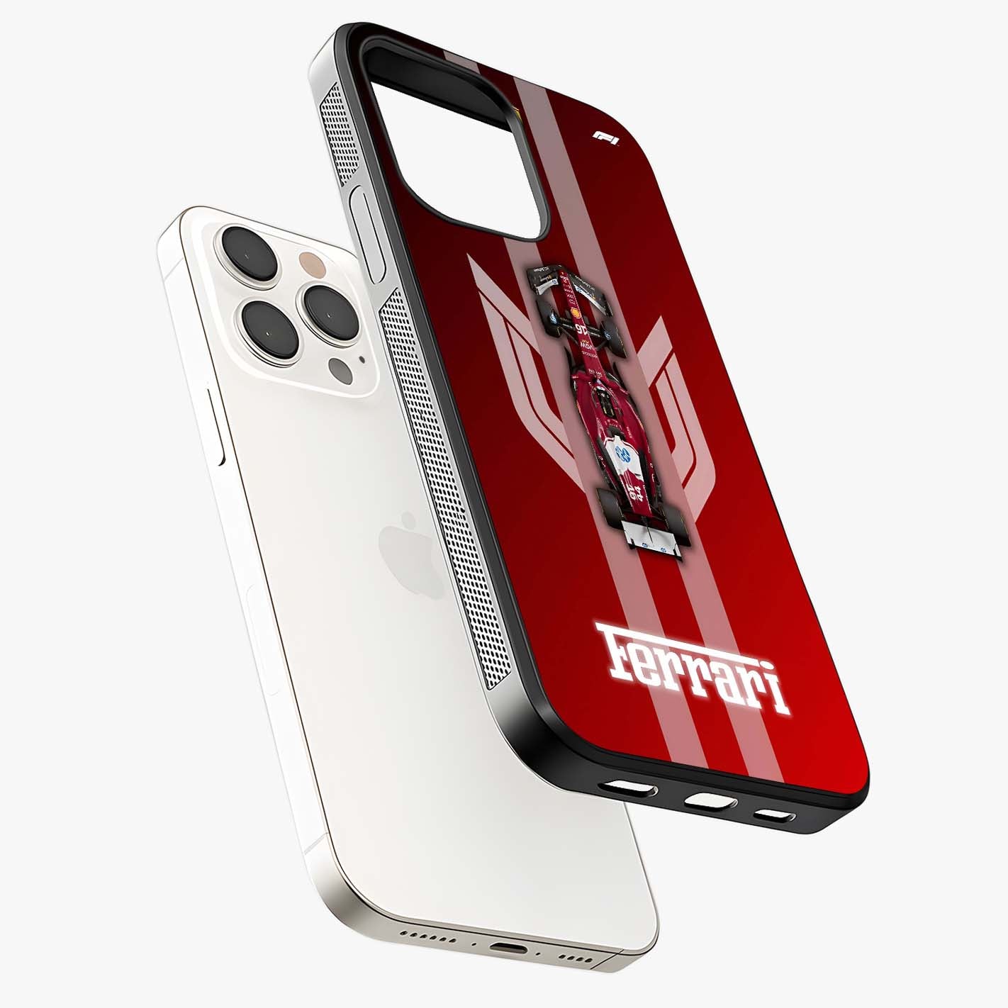 Red Ferrari F1 Vertical Glass Case laid diagonally highlighting side profile, edges and glossy glass shine.