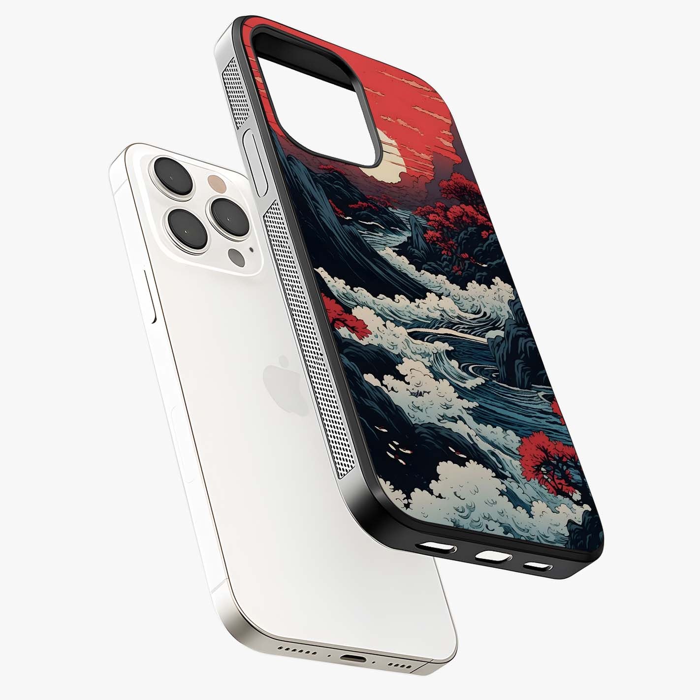 Red Sunset Scenery Glass Case laid diagonally highlighting side profile, edges and glossy glass shine.