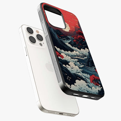 Red Sunset Scenery Glass Case laid diagonally highlighting side profile, edges and glossy glass shine.