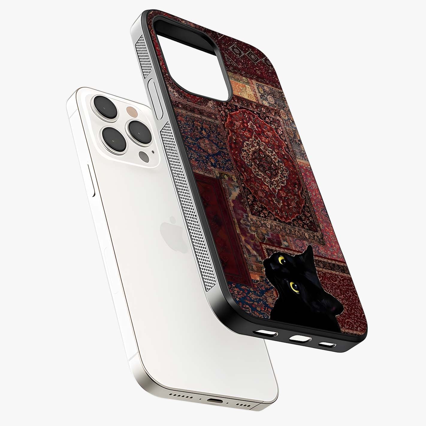 Regal Magic Cat Apple Glass Case laid diagonally highlighting side profile, edges and glossy glass shine.
