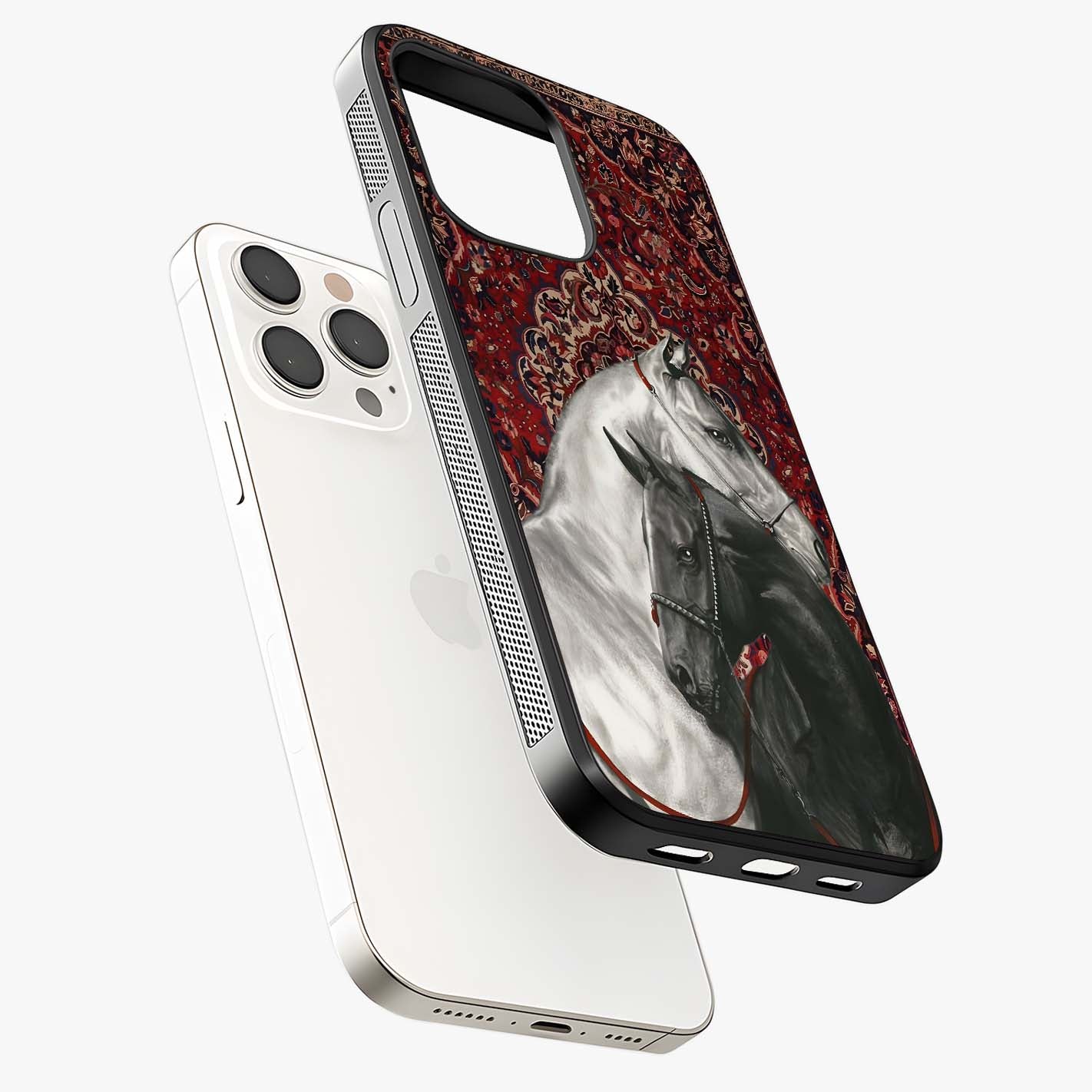 Regal Stallion Tapestry Glass Case laid diagonally highlighting side profile, edges and glossy glass shine.