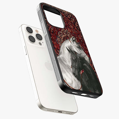 Regal Stallion Tapestry Glass Case laid diagonally highlighting side profile, edges and glossy glass shine.