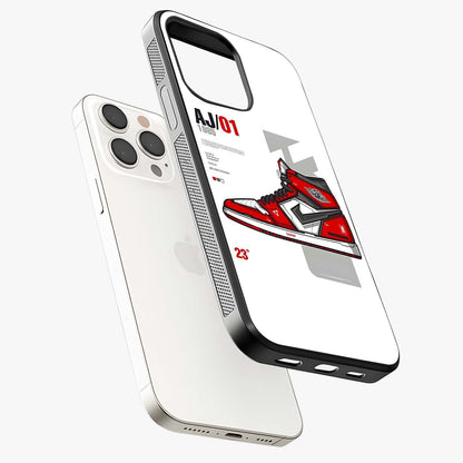 Retro Sneaker Blueprint Glass Case laid diagonally highlighting side profile, edges and glossy glass shine.
