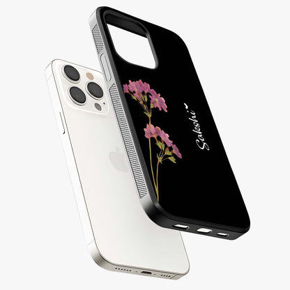 Riching Lavender Flower Custom Name Glass Case laid diagonally highlighting side profile, edges and glossy glass shine.