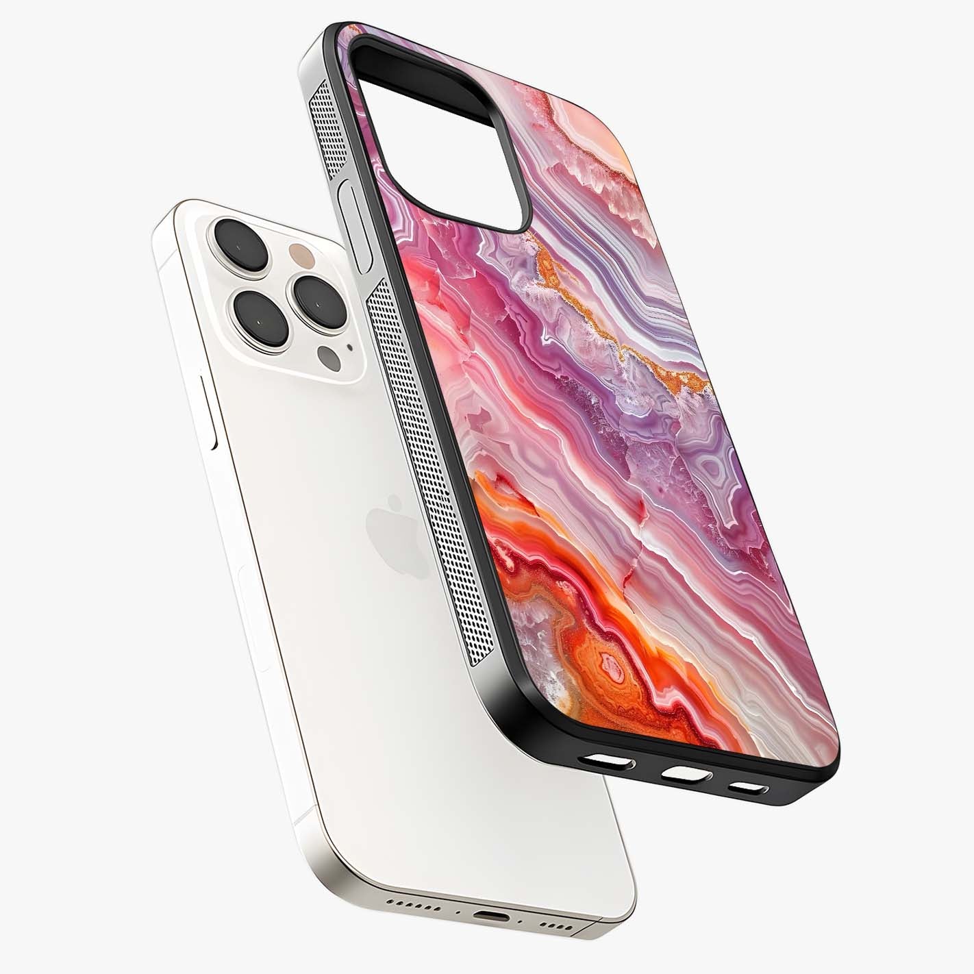 Rose Quartz Marble Glass Case laid diagonally highlighting side profile, edges and glossy glass shine.