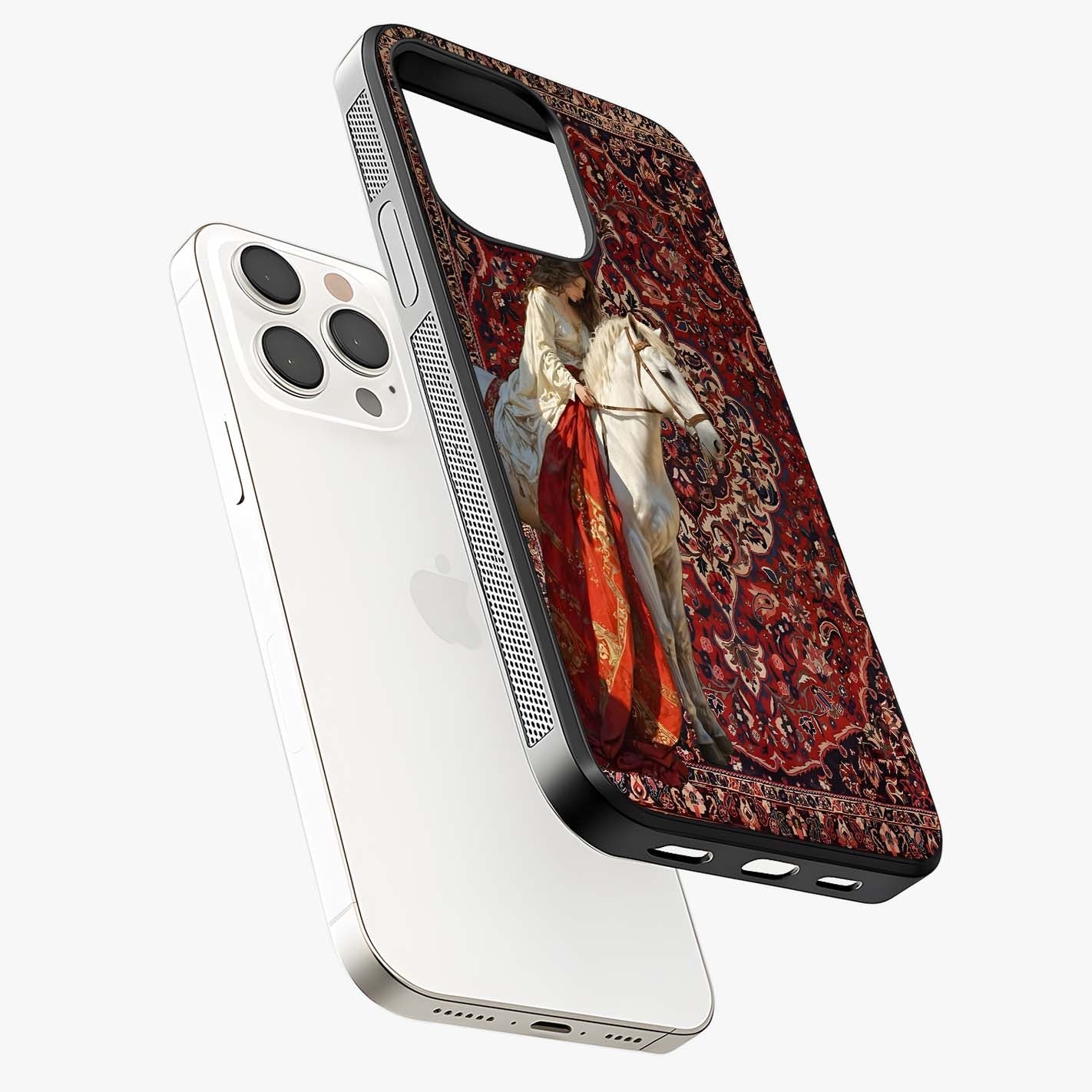 Royal Rider Tapestry Glass Case laid diagonally highlighting side profile, edges and glossy glass shine.