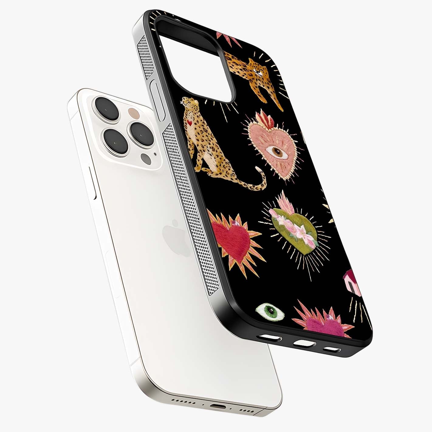 Sacred Jungle Heart Glass Case laid diagonally highlighting side profile, edges and glossy glass shine.