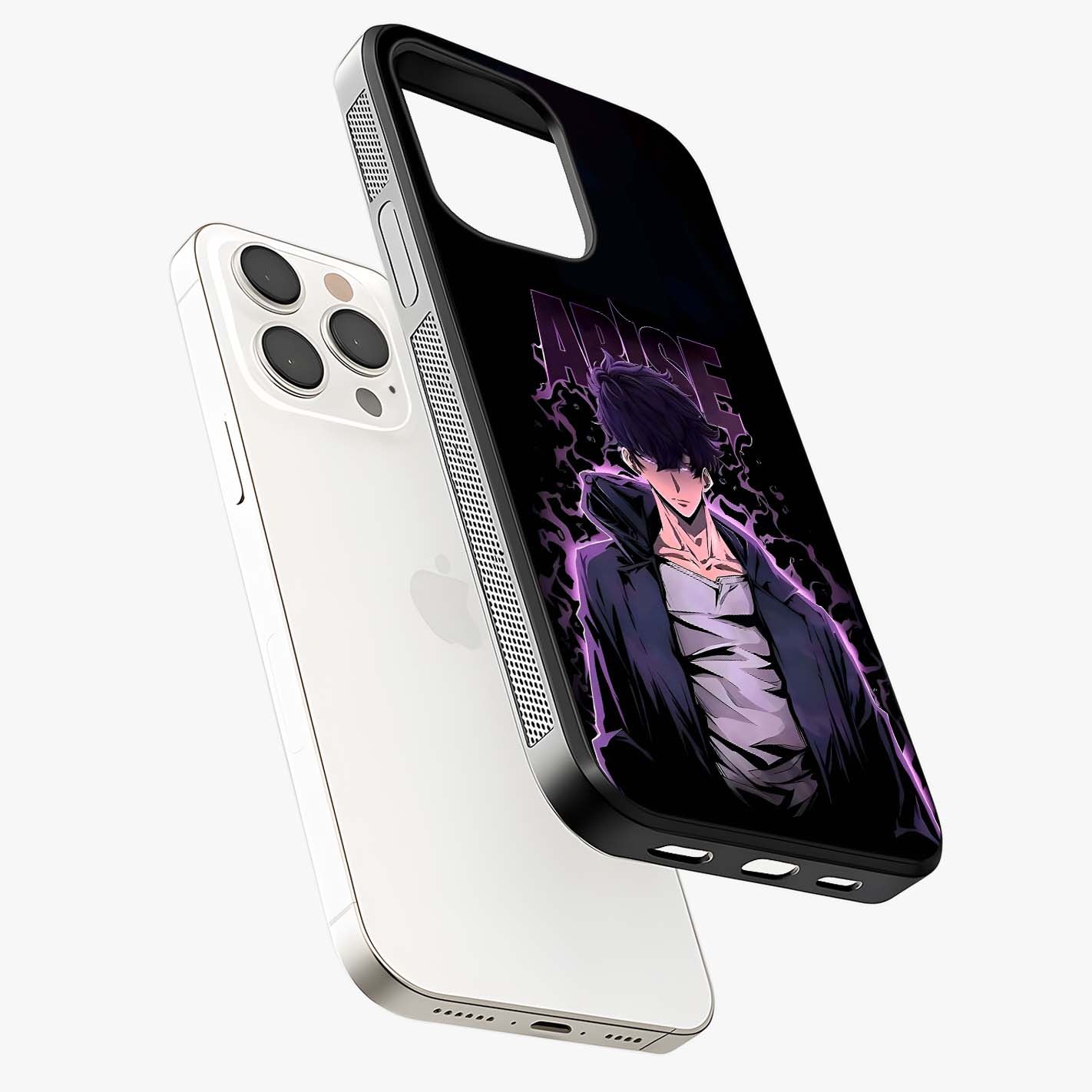 Shadow Monarch Awakening Glass Case laid diagonally highlighting side profile, edges and glossy glass shine.
