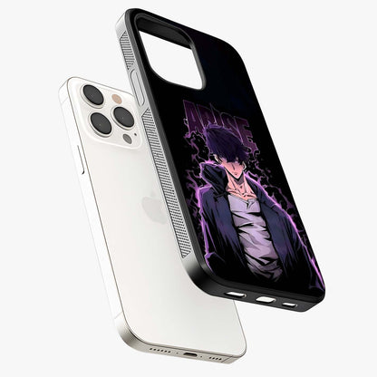 Shadow Monarch Awakening Glass Case laid diagonally highlighting side profile, edges and glossy glass shine.