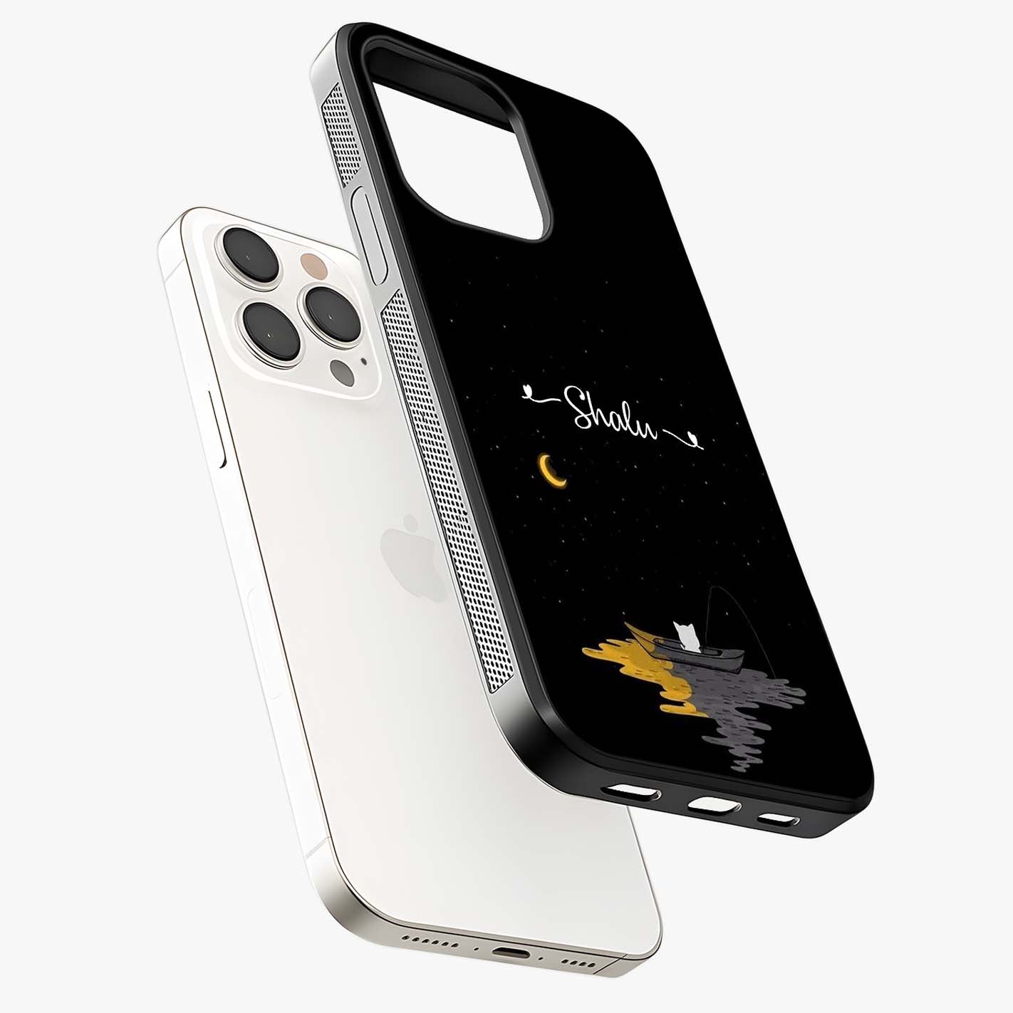 Silent Night Row Glass Case laid diagonally highlighting side profile, edges and glossy glass shine.
