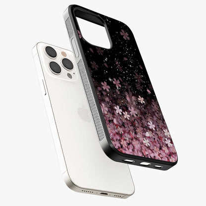 Small Starry Flowers Glass Case laid diagonally highlighting side profile, edges and glossy glass shine.