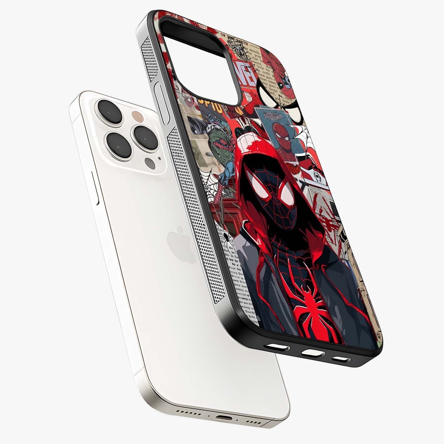Spider Collage Street Glass Case laid diagonally highlighting side profile, edges and glossy glass shine.