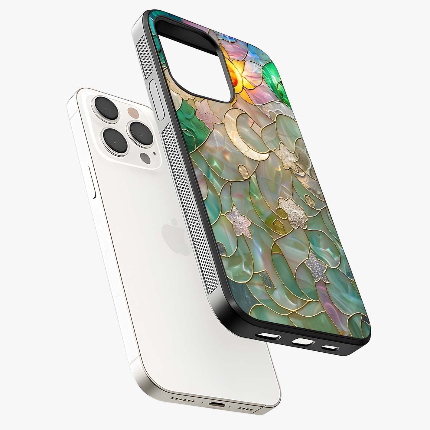 Stained Sunrise Glow Glass Case laid diagonally highlighting side profile, edges and glossy glass shine.