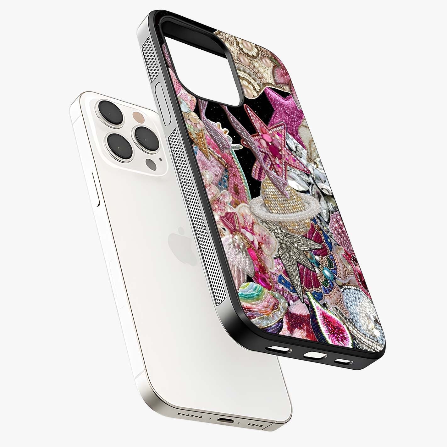 Starlit Jewel Dream Glass Case laid diagonally highlighting side profile, edges and glossy glass shine.