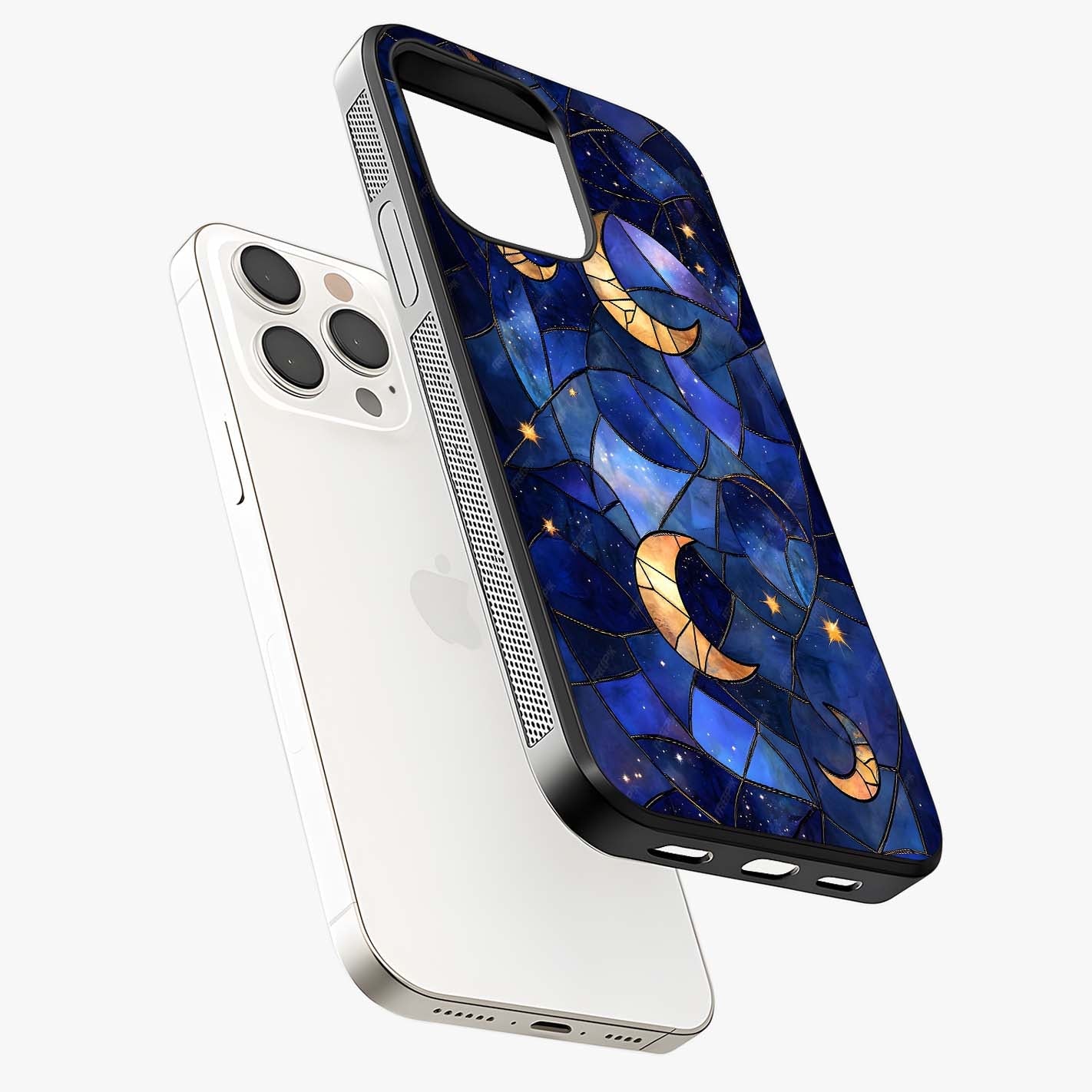 Starlit Sky Tapestry Glass Case laid diagonally highlighting side profile, edges and glossy glass shine.