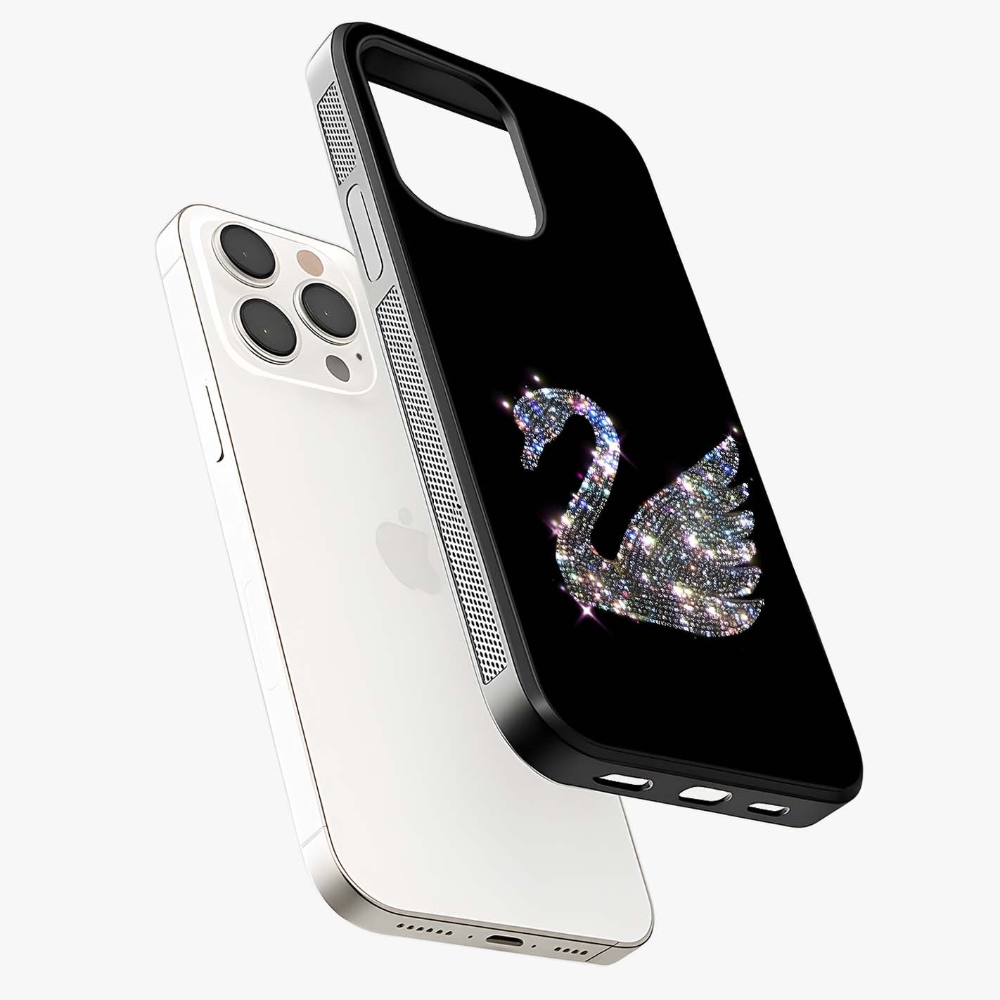 Starlit Swan Grace Glass Case laid diagonally highlighting side profile, edges and glossy glass shine.