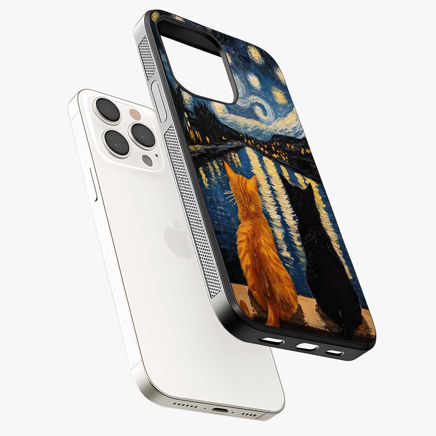 Starry River Cats Glass Case laid diagonally highlighting side profile, edges and glossy glass shine.
