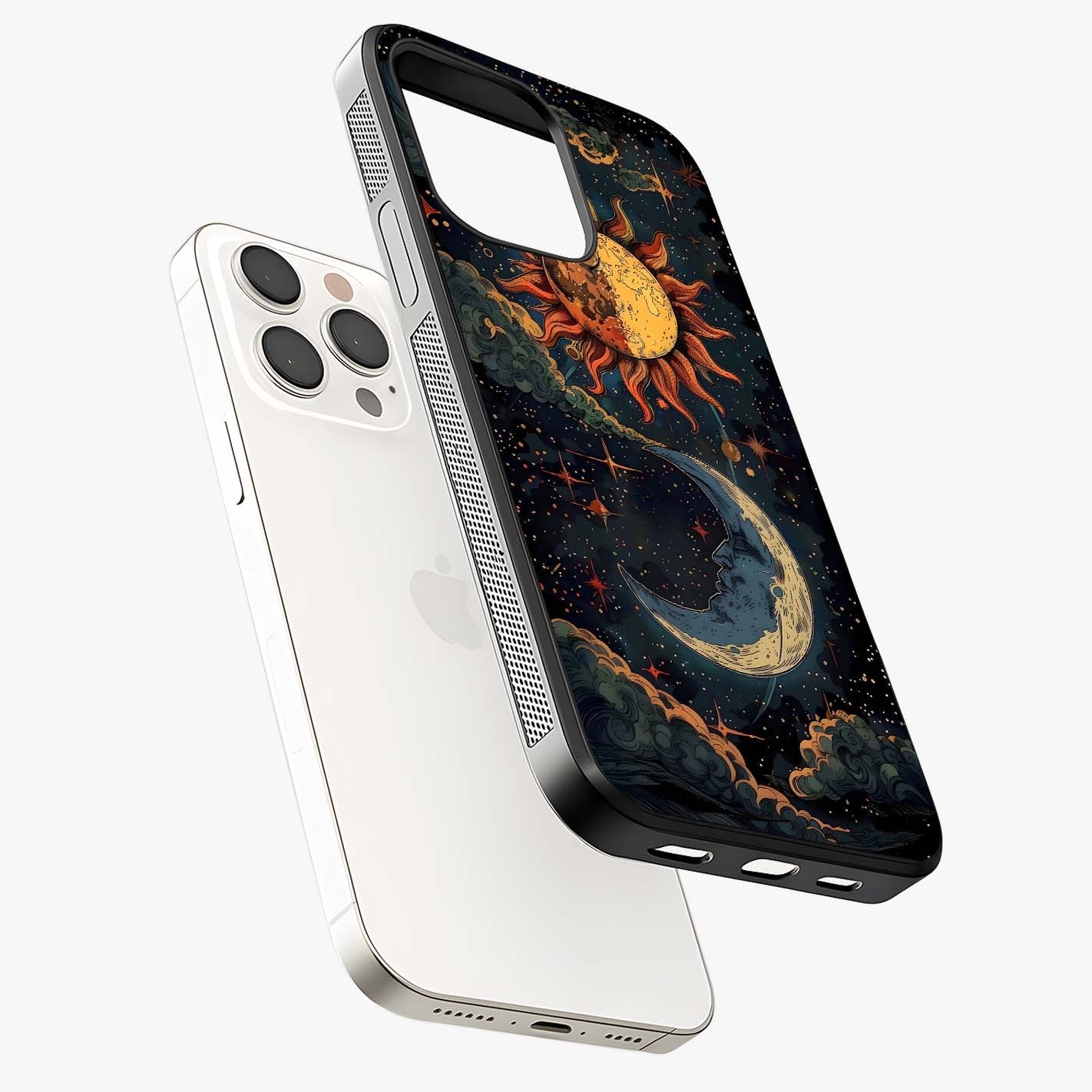 Sun And Moon Magic Design Glass Case laid diagonally highlighting side profile, edges and glossy glass shine.