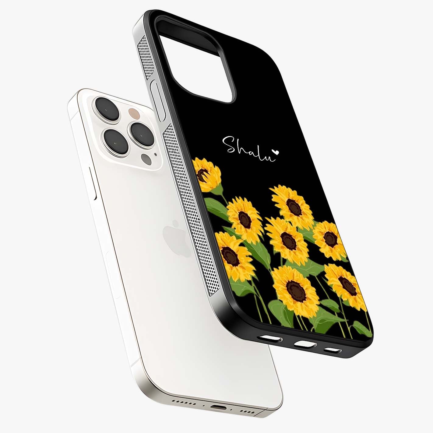 Sunflower Chic Mood Custom Name Glass Case laid diagonally highlighting side profile, edges and glossy glass shine.