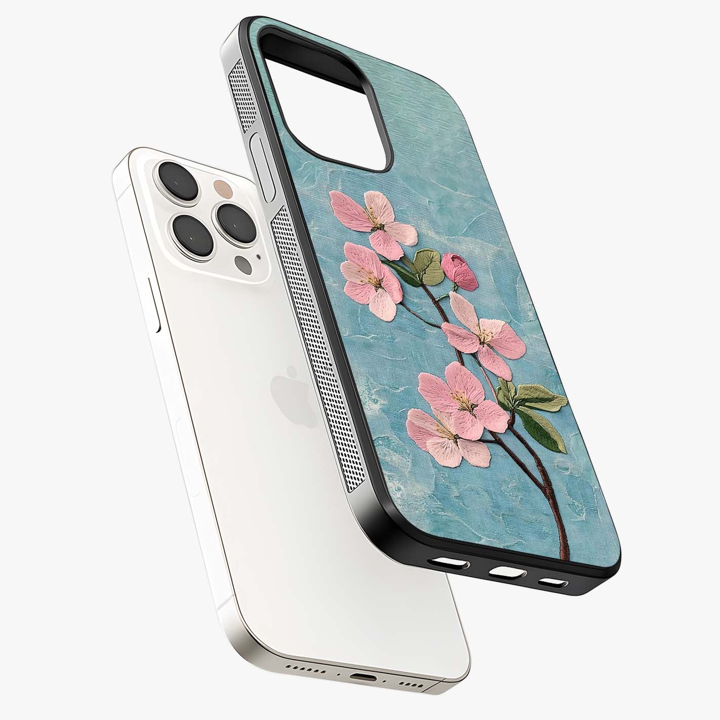 Threaded Blossom Breeze Glass Case laid diagonally highlighting side profile, edges and glossy glass shine.