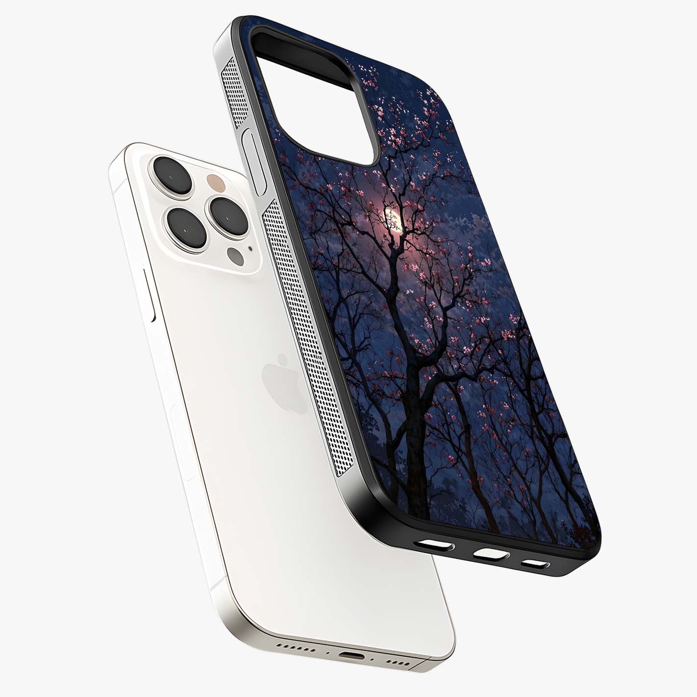 Twilight Sakura Serenade Glass Case laid diagonally highlighting side profile, edges and glossy glass shine.