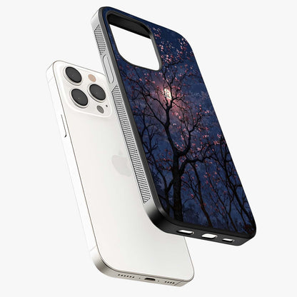 Twilight Sakura Serenade Glass Case laid diagonally highlighting side profile, edges and glossy glass shine.